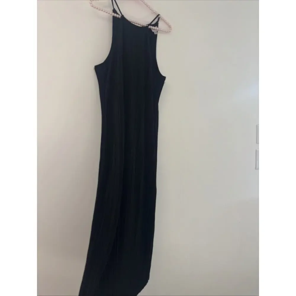 Women’s High Neck Black Maxi Dress Pleated Sz Lg Whimsigoth Fairy Grunge Romanti